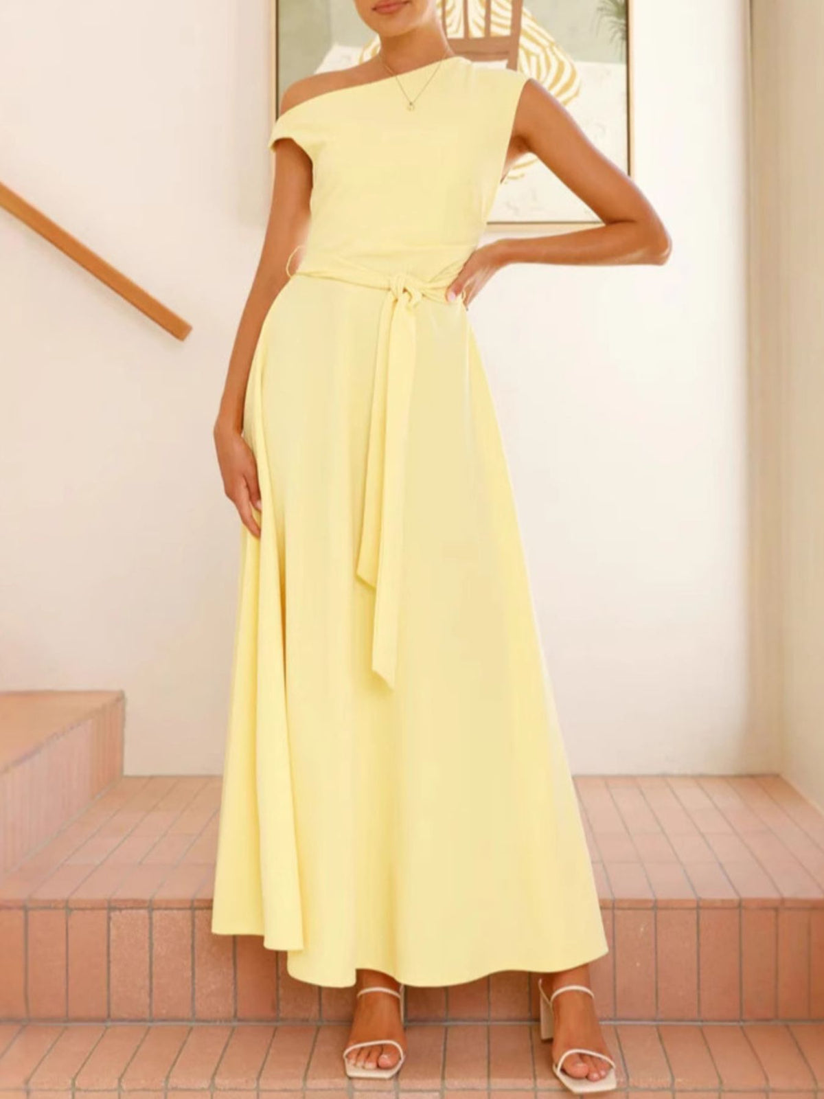 One-Shoulder Tie Waist Maxi Dress
