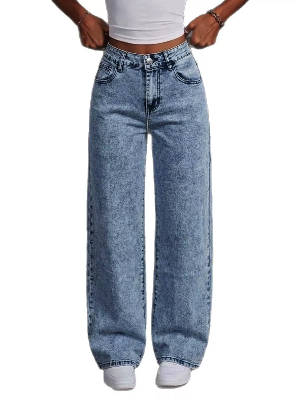 Embroidered Bow Wide Leg Jeans in Dusty Blue