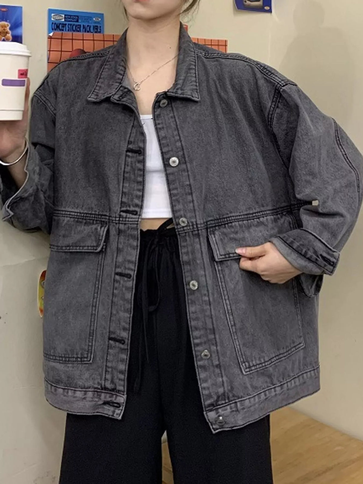 Oversized Denim Jacket with Utility Pockets