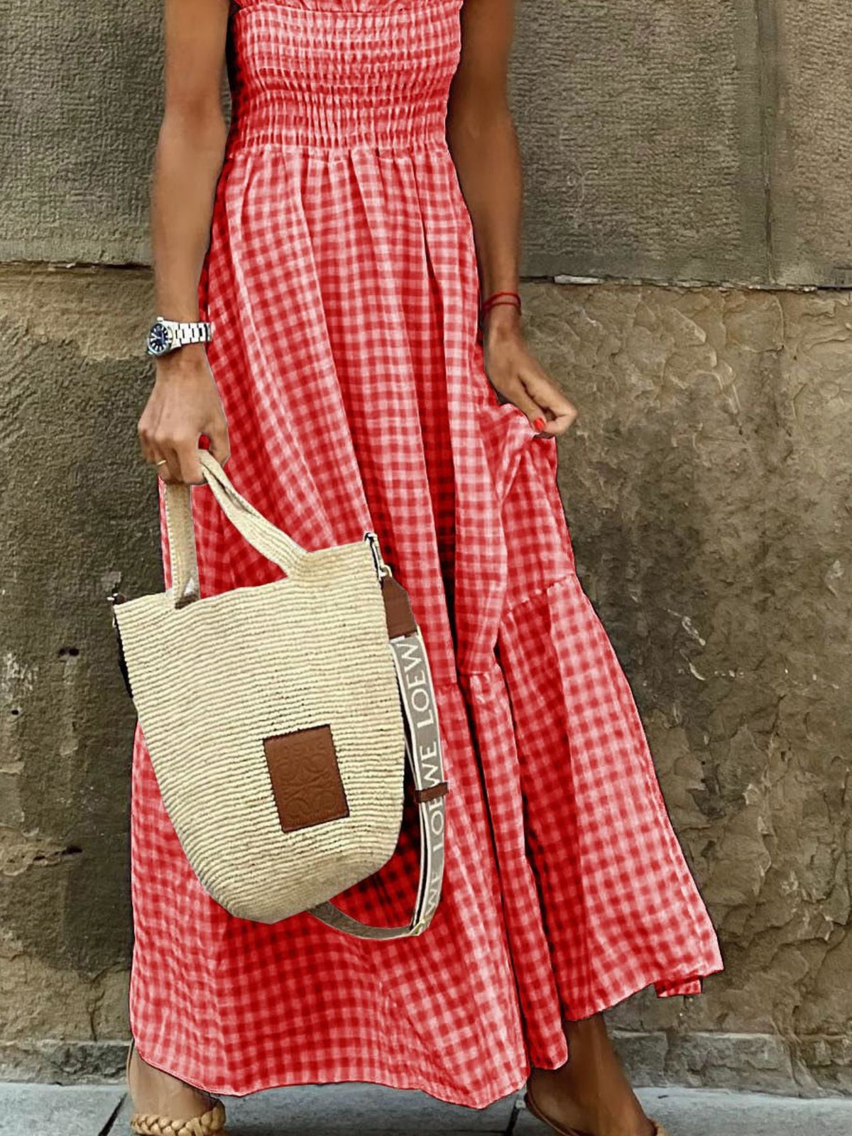 Plaid Ruffle-Sleeve Maxi Dress