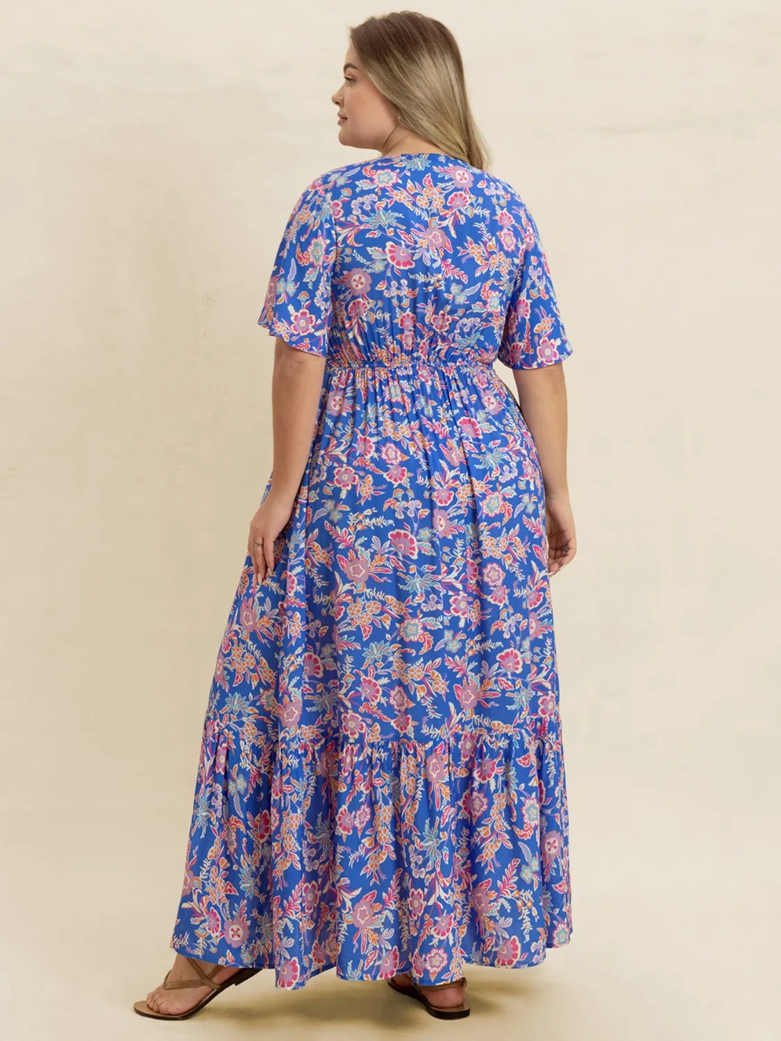 Plus-Size Ruched Short Sleeve Dress in Blue Purple
