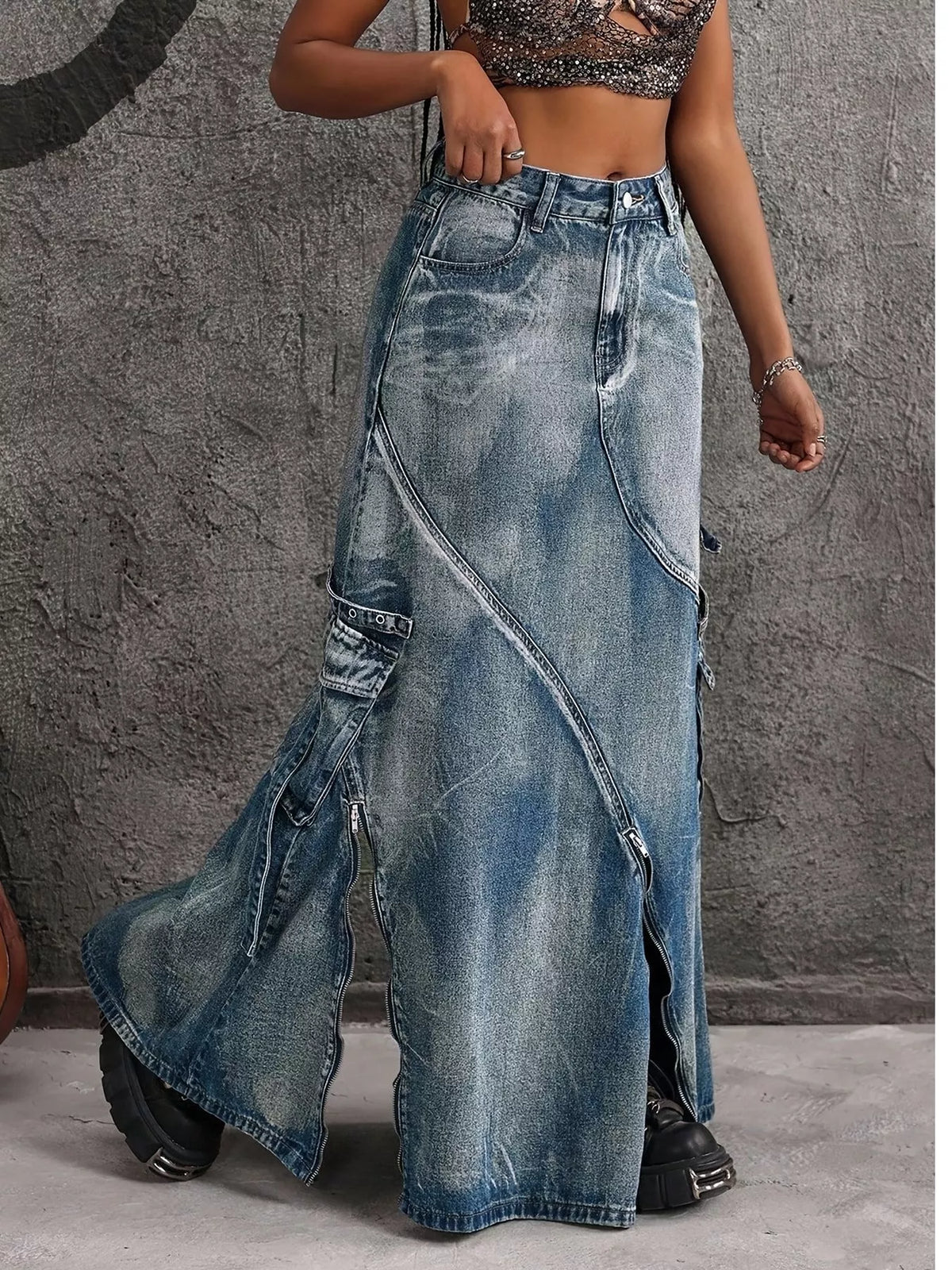 High-Waisted Denim Maxi Skirt in Blue