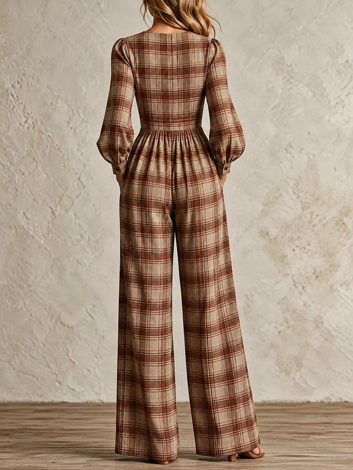 Plaid Square-Neck Wide-Leg Jumpsuit