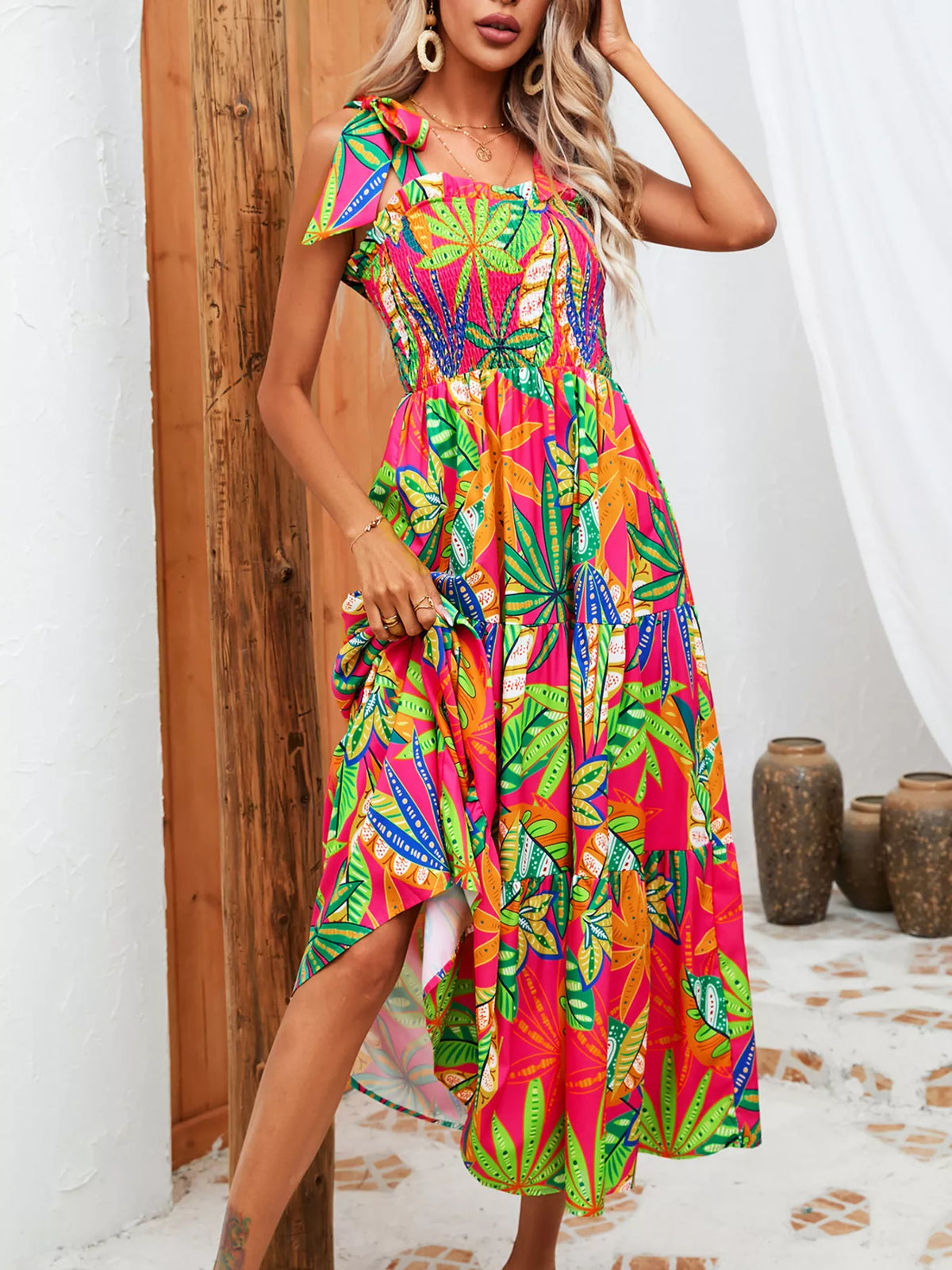 Tropical Print Smocked Tie-Strap Dress in Green