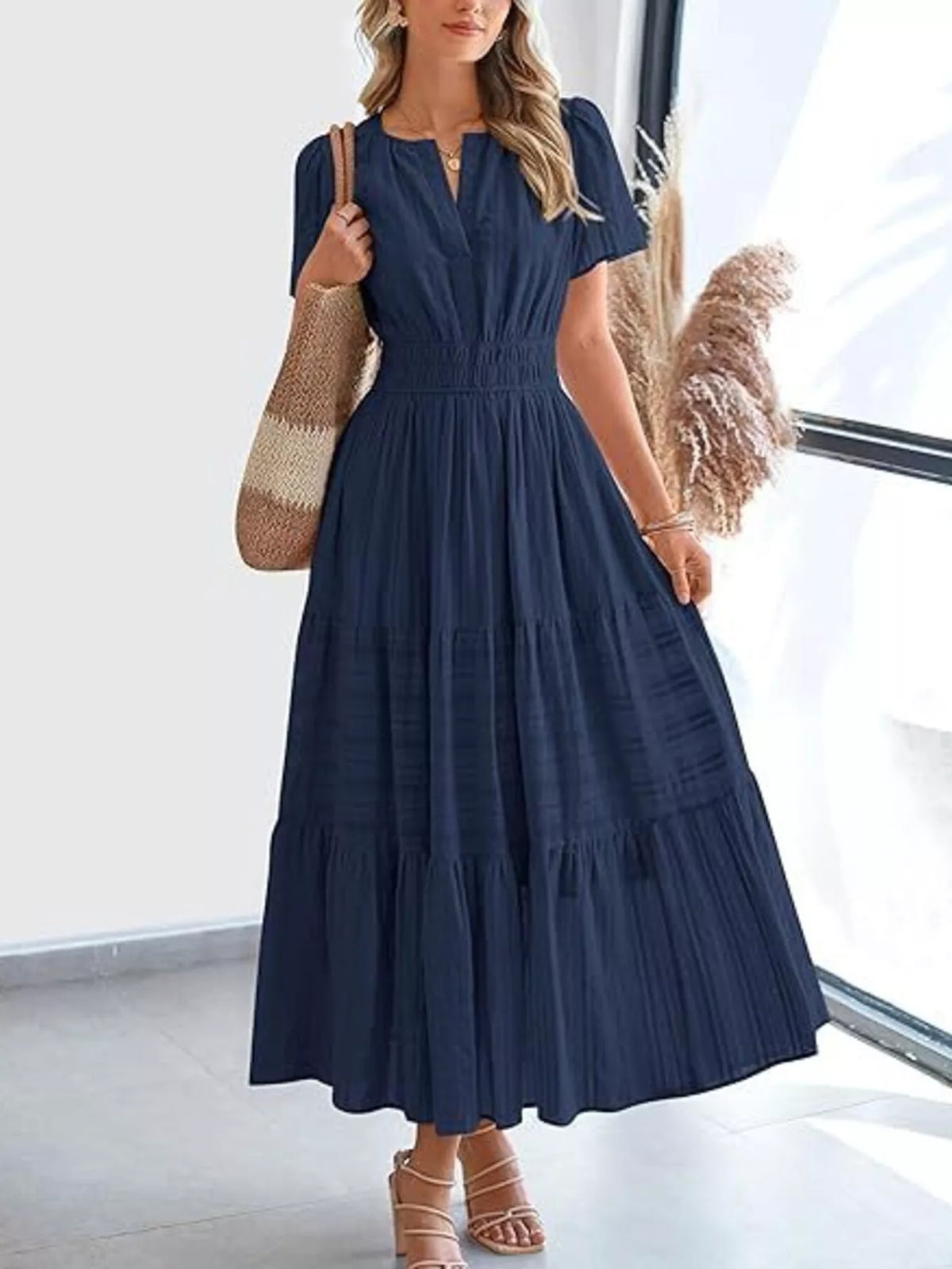 Short Sleeve Tiered Midi Dress with Pockets