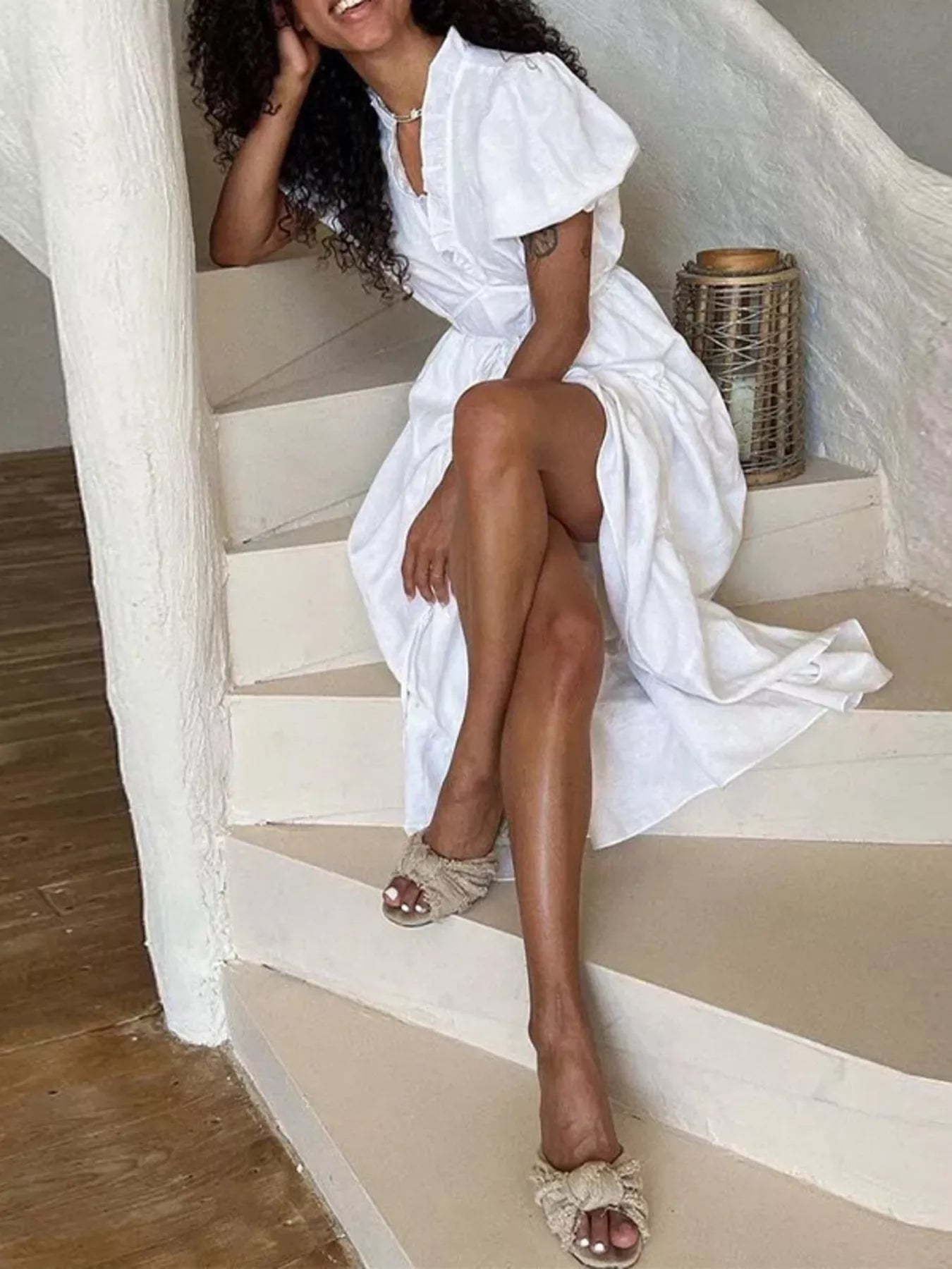 Ruffle Trim Puff Sleeve Maxi Dress