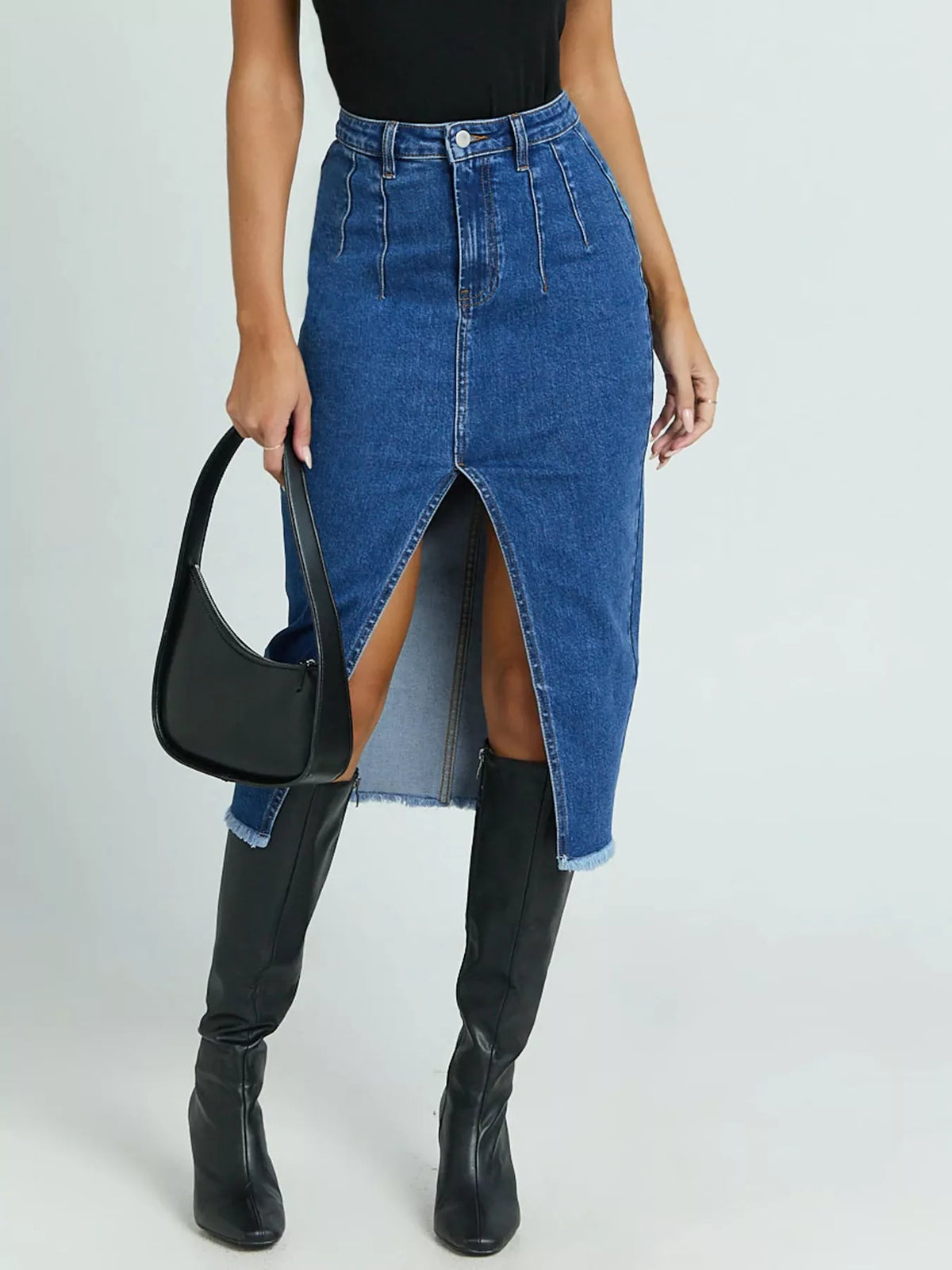 High-Waisted Slit Denim Skirt in Blue by Lone Star Lady