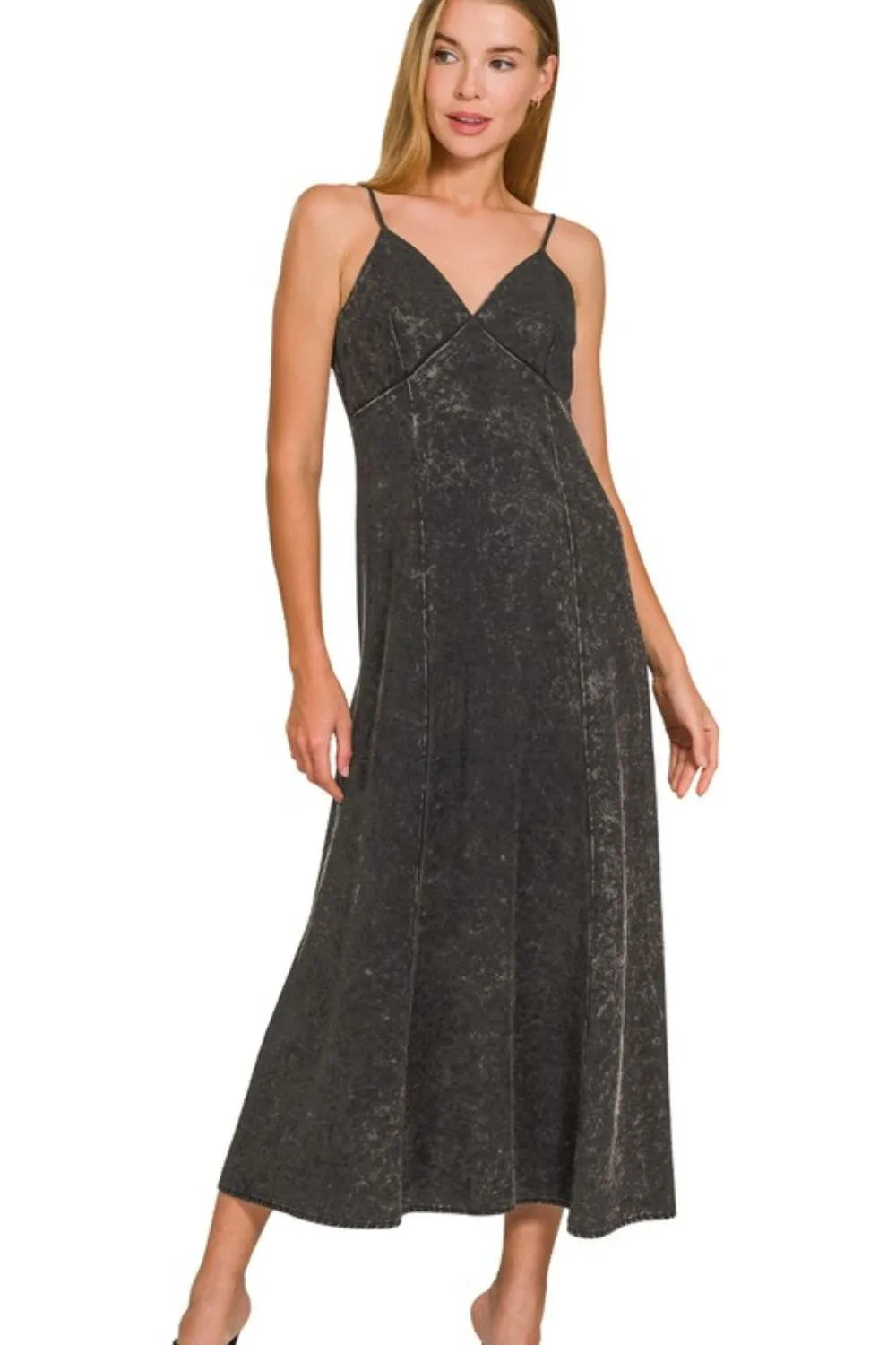 Zenana Tencel Mineral-Washed Maxi Dress in Ash Black