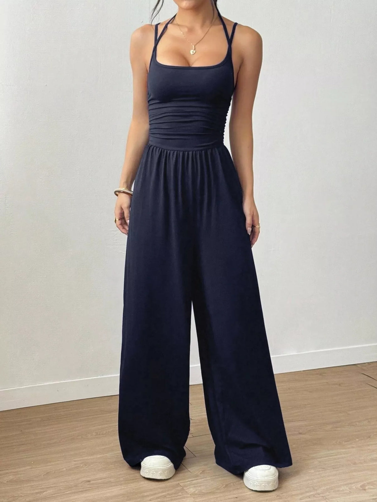 Ruched Spaghetti Strap Wide Leg Jumpsuit