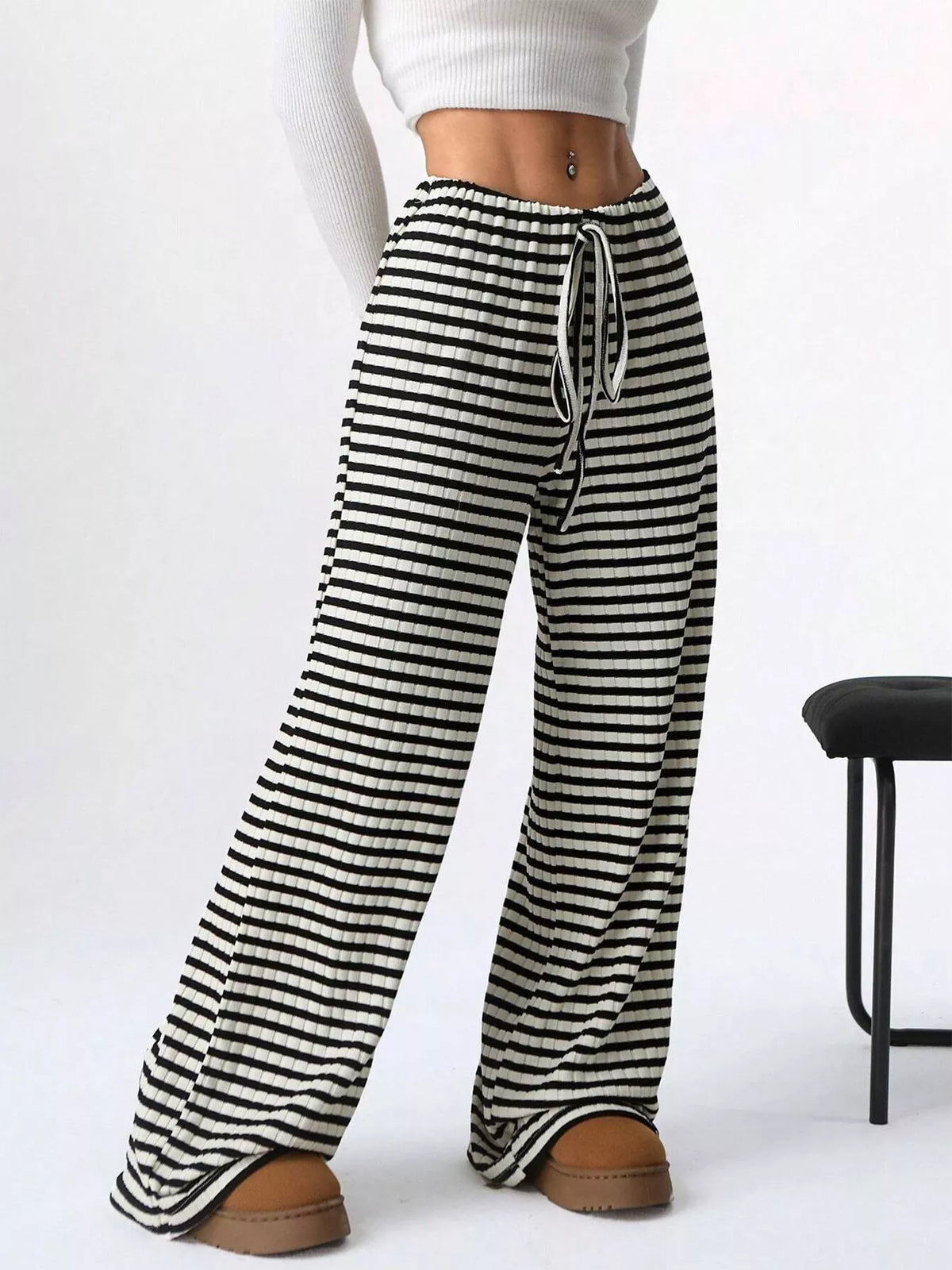 Ribbed Knit Drawstring Wide-Leg Pants