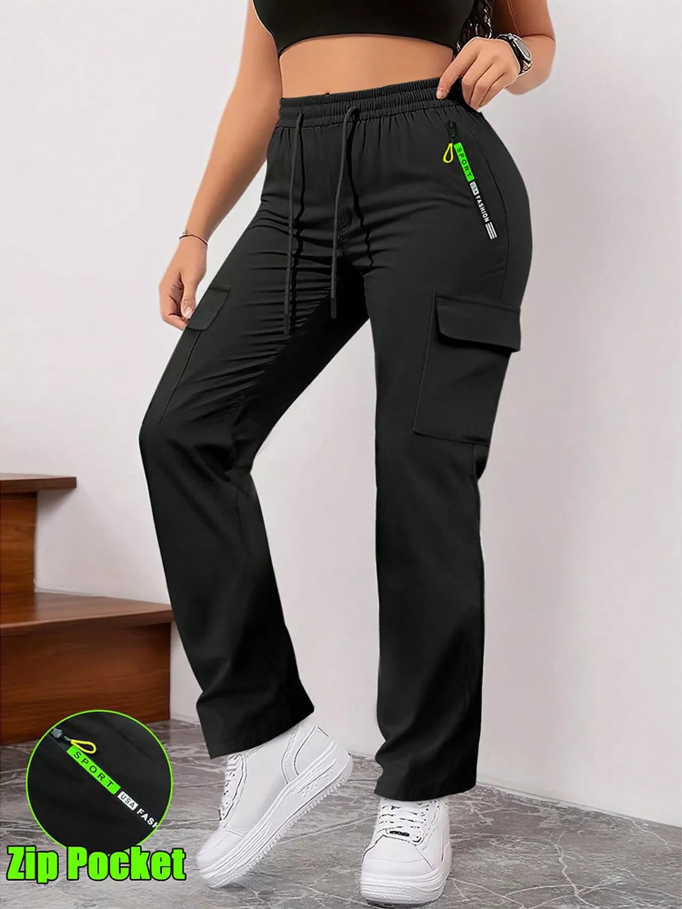 Drawstring Cargo Pants with Zip Pocket