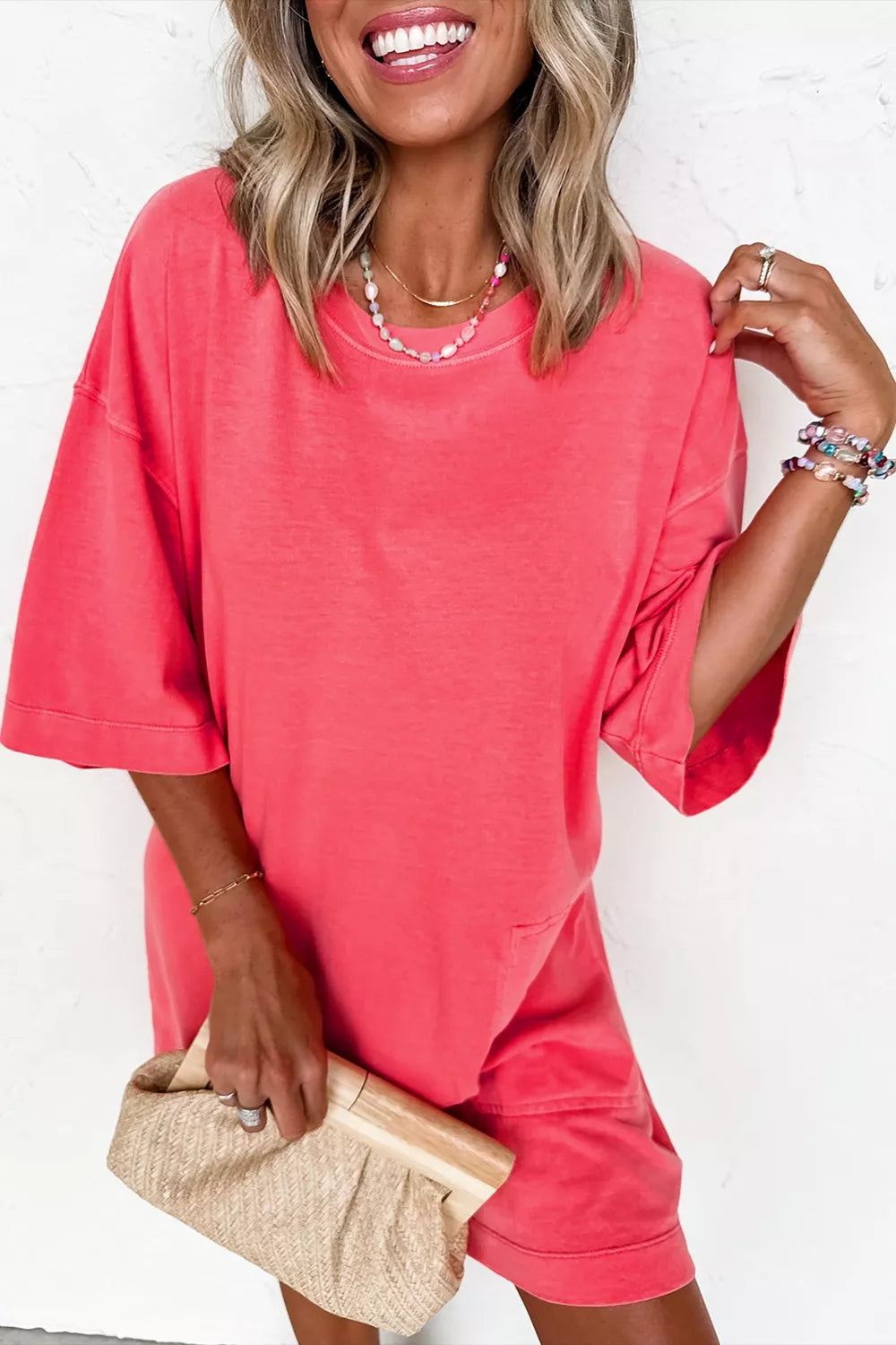 Coral Paradise Drop-Shoulder T-Shirt Dress in Strawberry