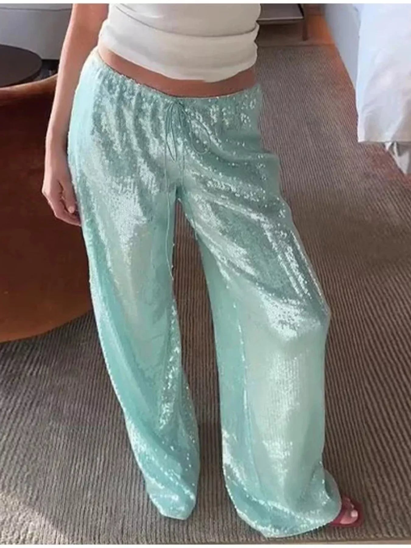 Drawstring Sequin Wide Leg Pants