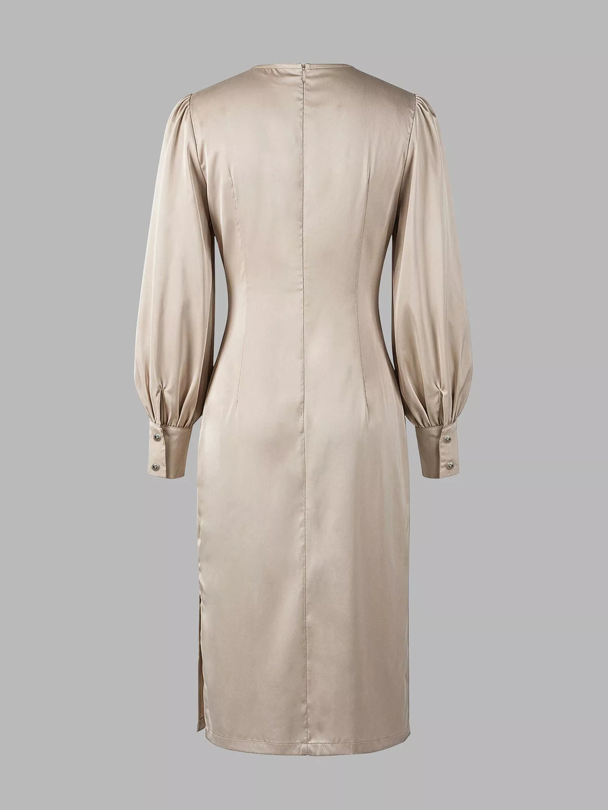 Long Sleeve Satin Ruched Midi Dress in Champagne in Champagne Color