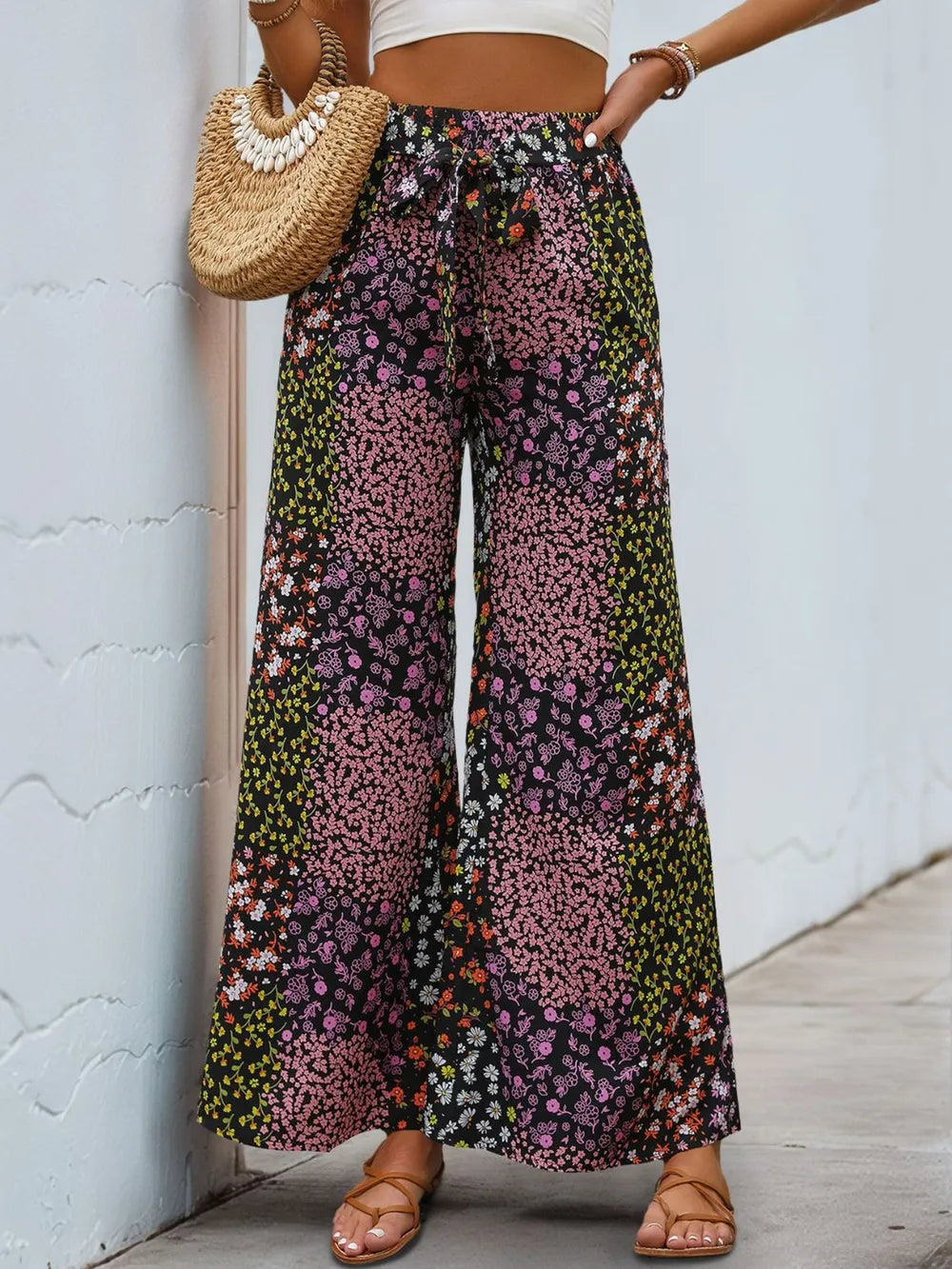 Floral High Rise Wide Leg Pants in Black