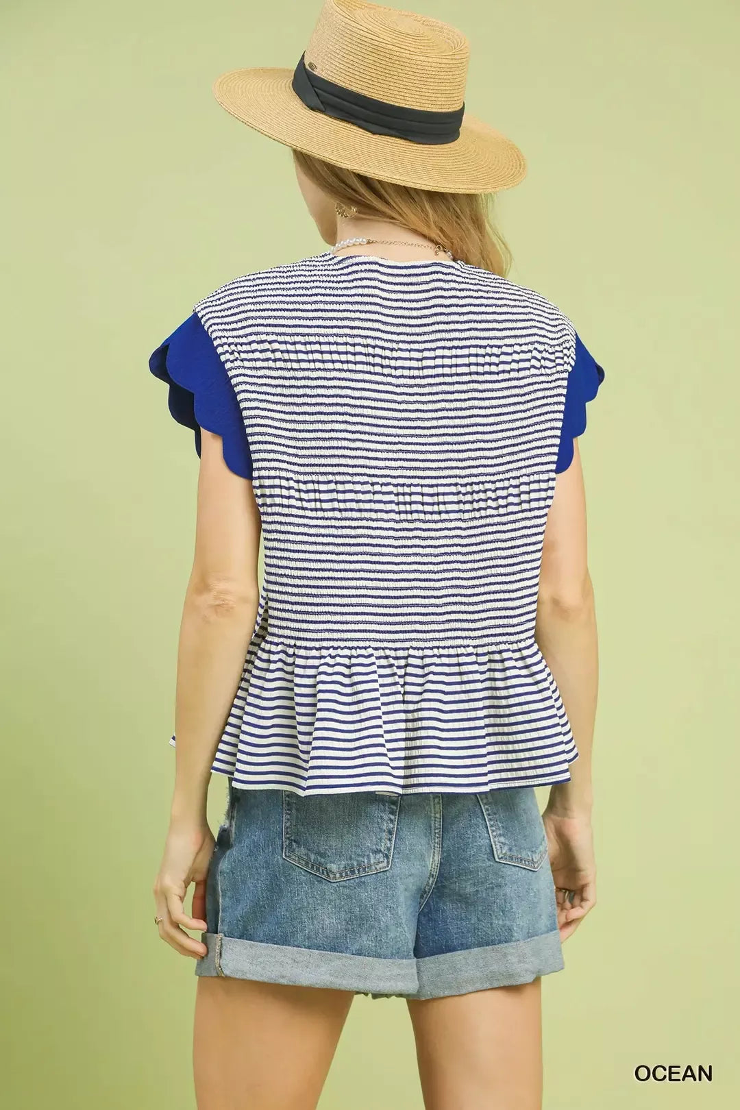 Umgee Stripe Ruffle Sleeve Peplum Top in Ocean