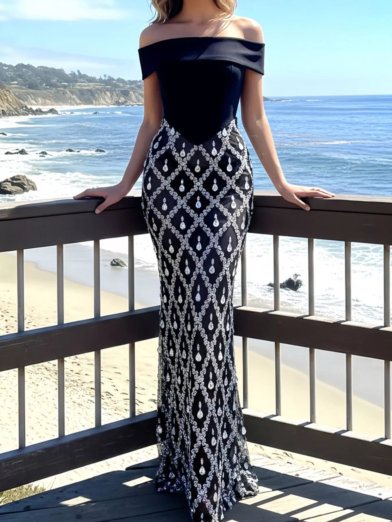 Off-Shoulder Rhinestone Sheer Maxi Dress in Black