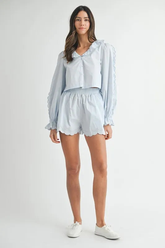 Scallop Trim Blouse and Shorts Set in Light Blue in Lt Blue