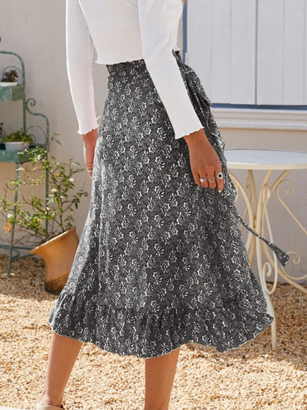 Printed Ruffled Midi Skirt