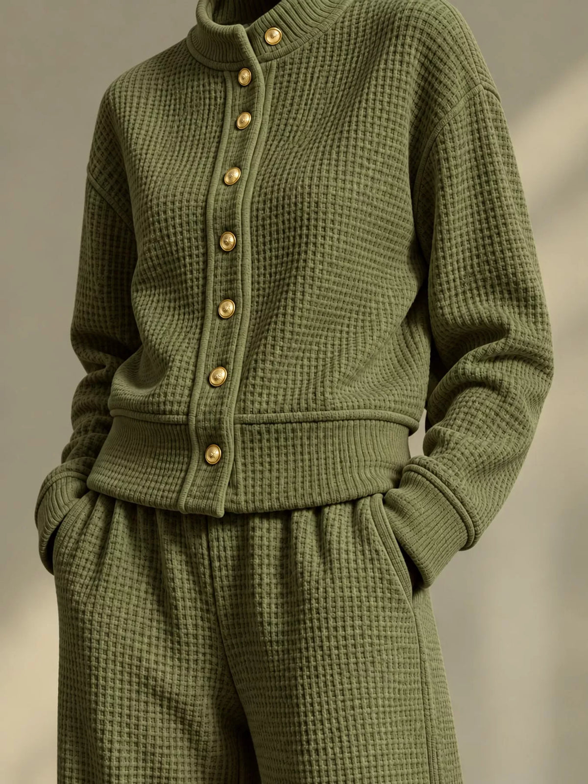 Waffle Knit Button-Up and Wide-Leg Pants Set