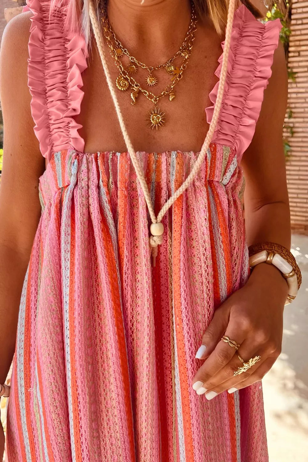 Striped Ribbon-Tie Maxi Dress in Burnt Coral