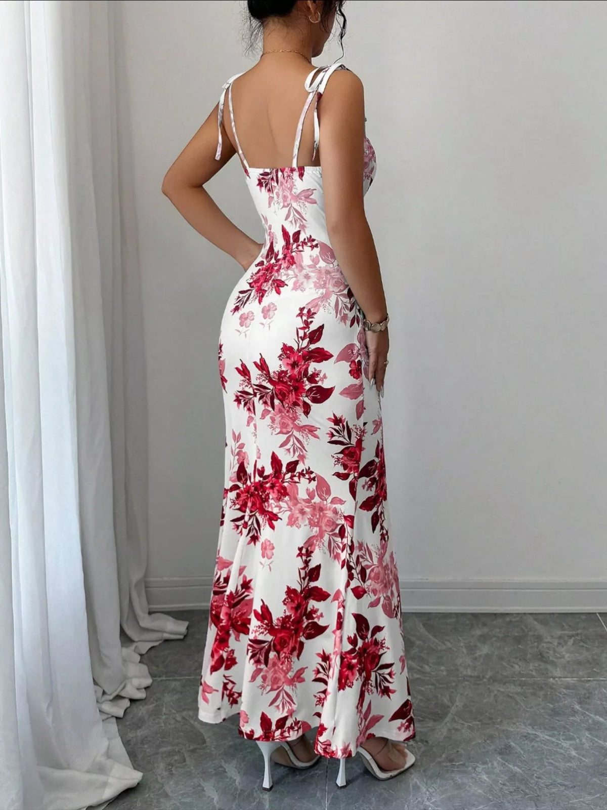 Printed Tie Strap Maxi Dress with Slit