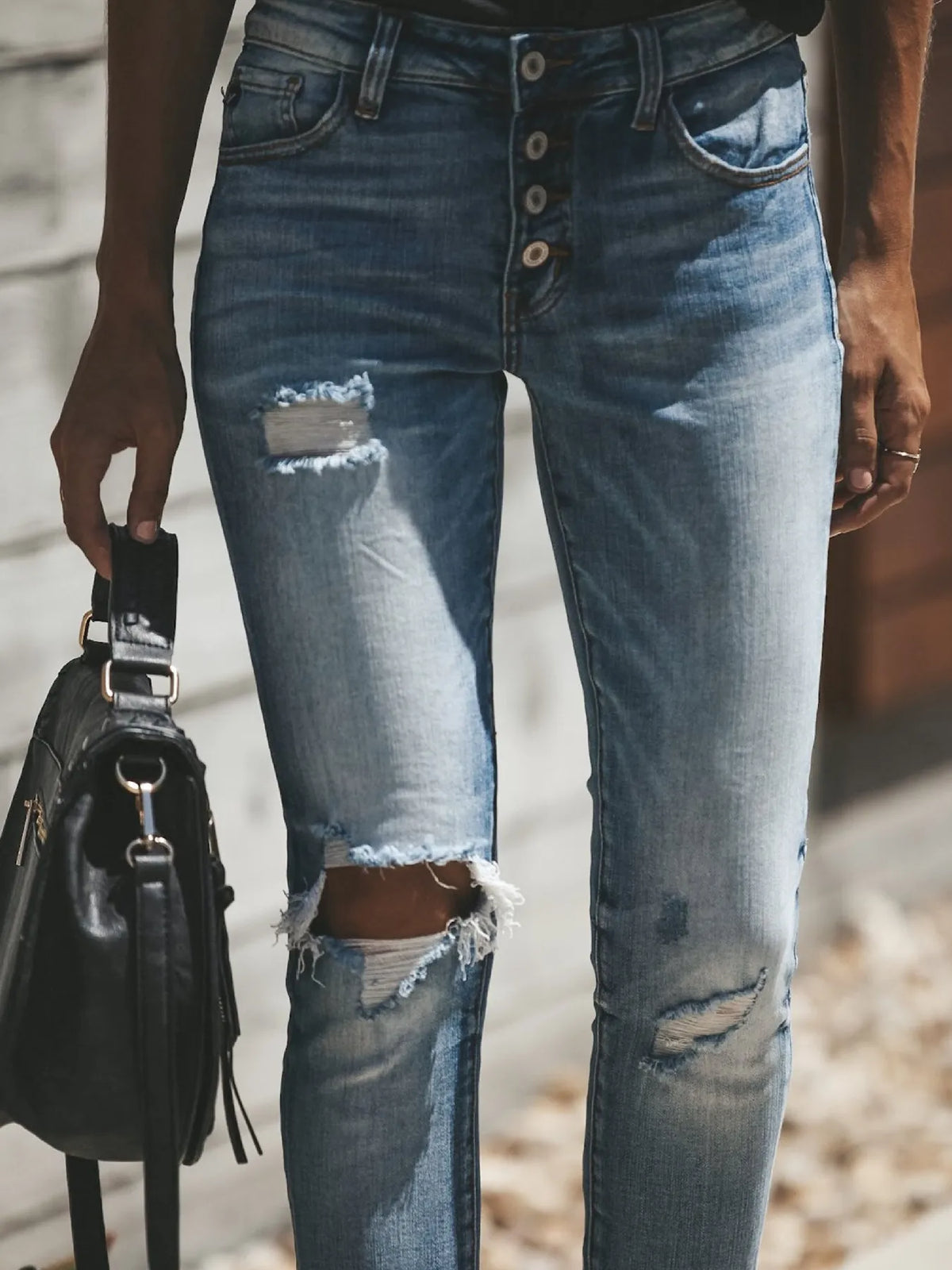 Distressed Button-Fly Skinny Jeans in Light Blue by Lone Star Lady