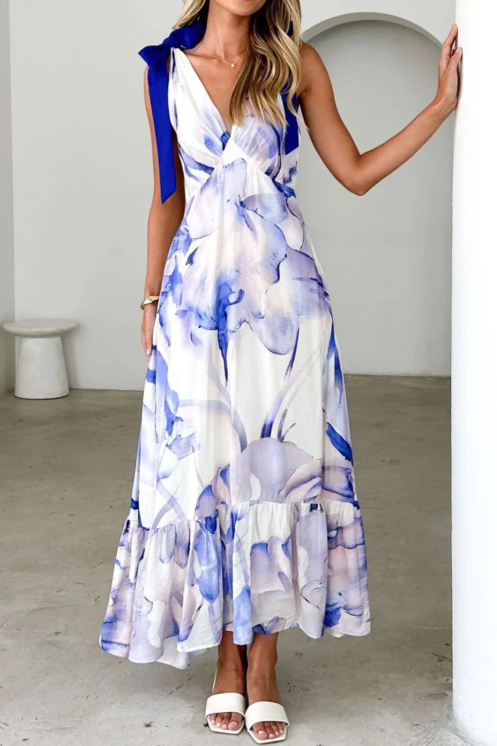 Printed Tie-Shoulder Ruched V-Neck Midi Dress