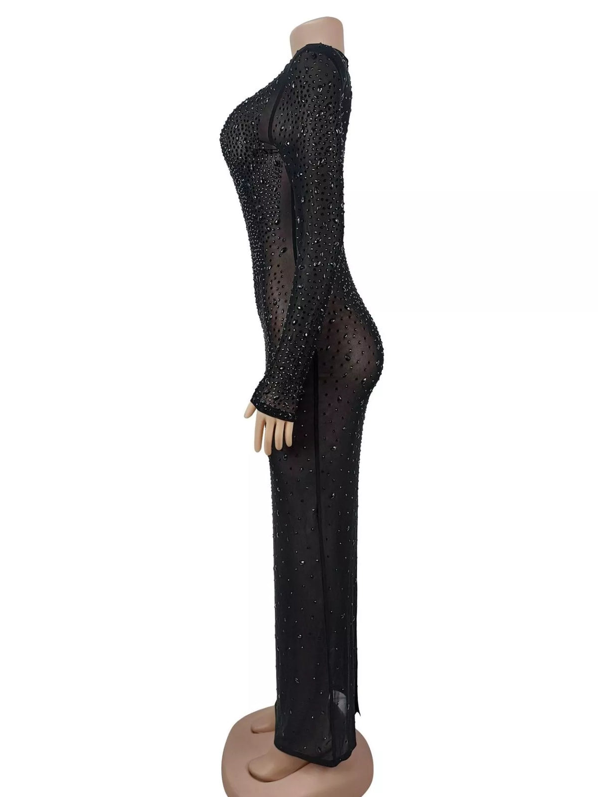 Sheer Mesh Rhinestone Evening Dress in Black