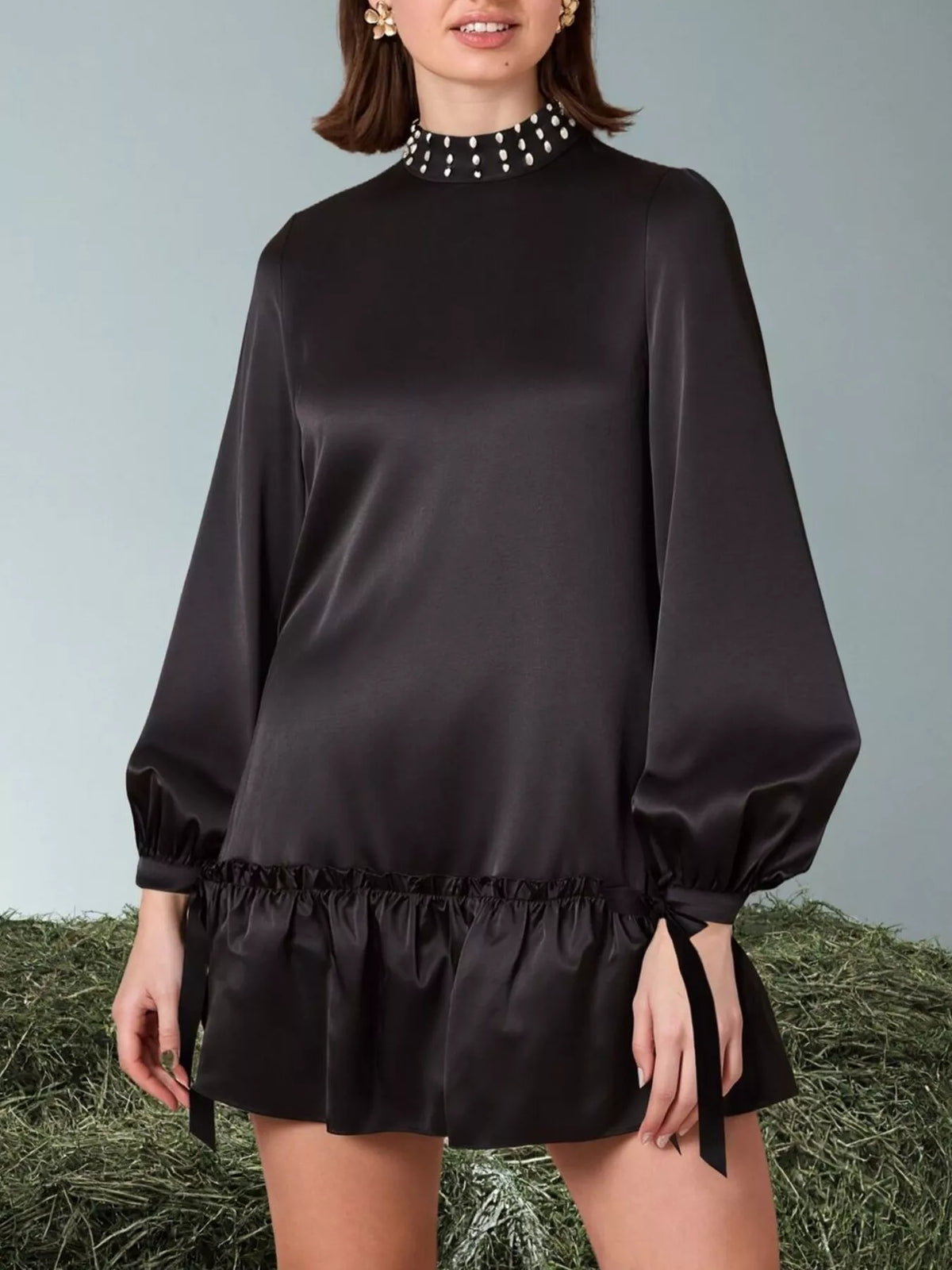 Pearl-Embellished Ruffle Hem Dress in Black