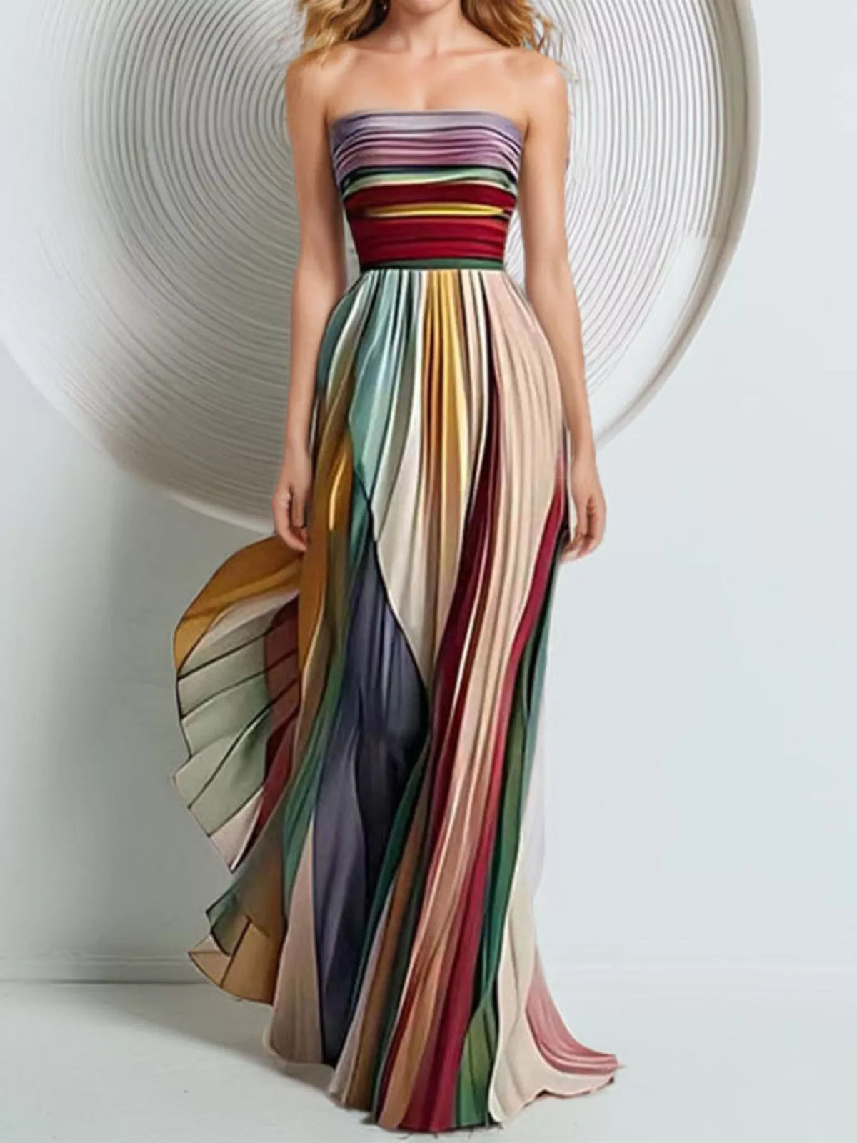 Striped Pleated Tube Maxi Dress in Multicolor