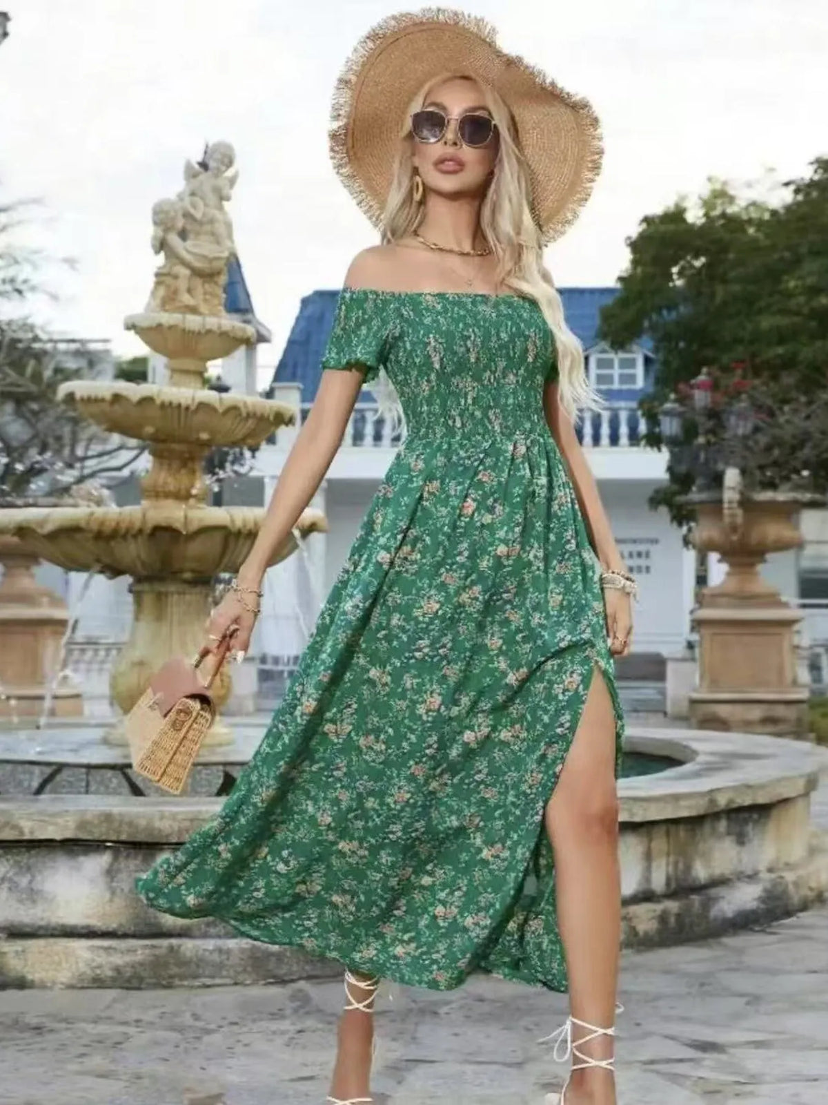 Off-Shoulder Smocked Floral Midi Dress