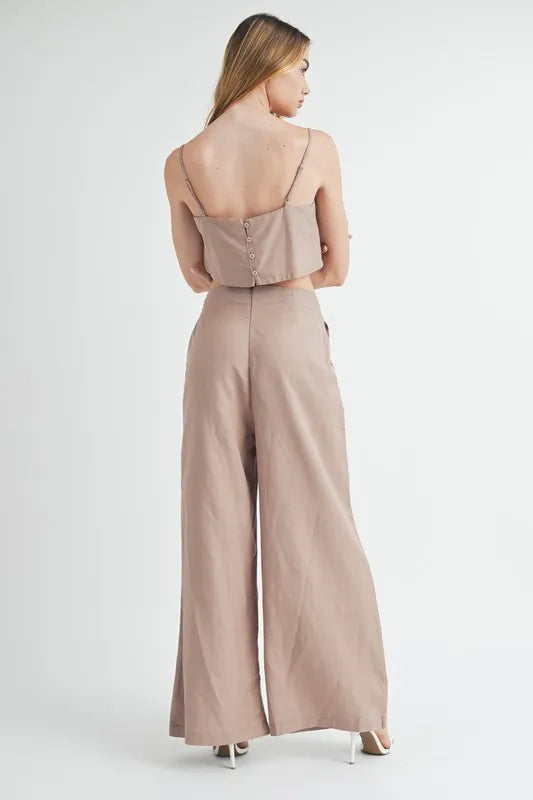 Linen Mix Crop Cami & Wide Leg Pants Set in Mocha
