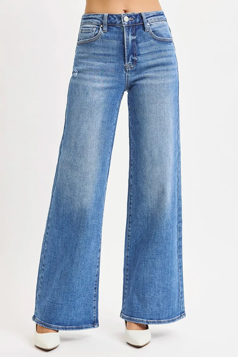Risen High-Rise Wide Leg Jeans in Medium Wash