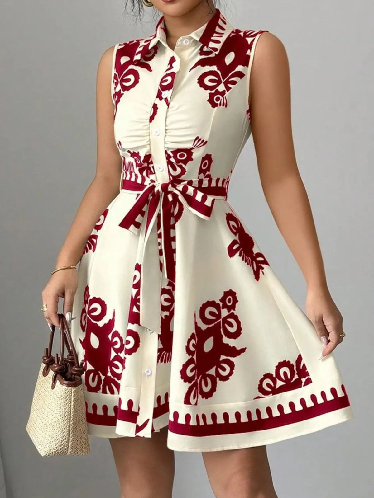 Printed Sleeveless Tie-Waist Mini Dress