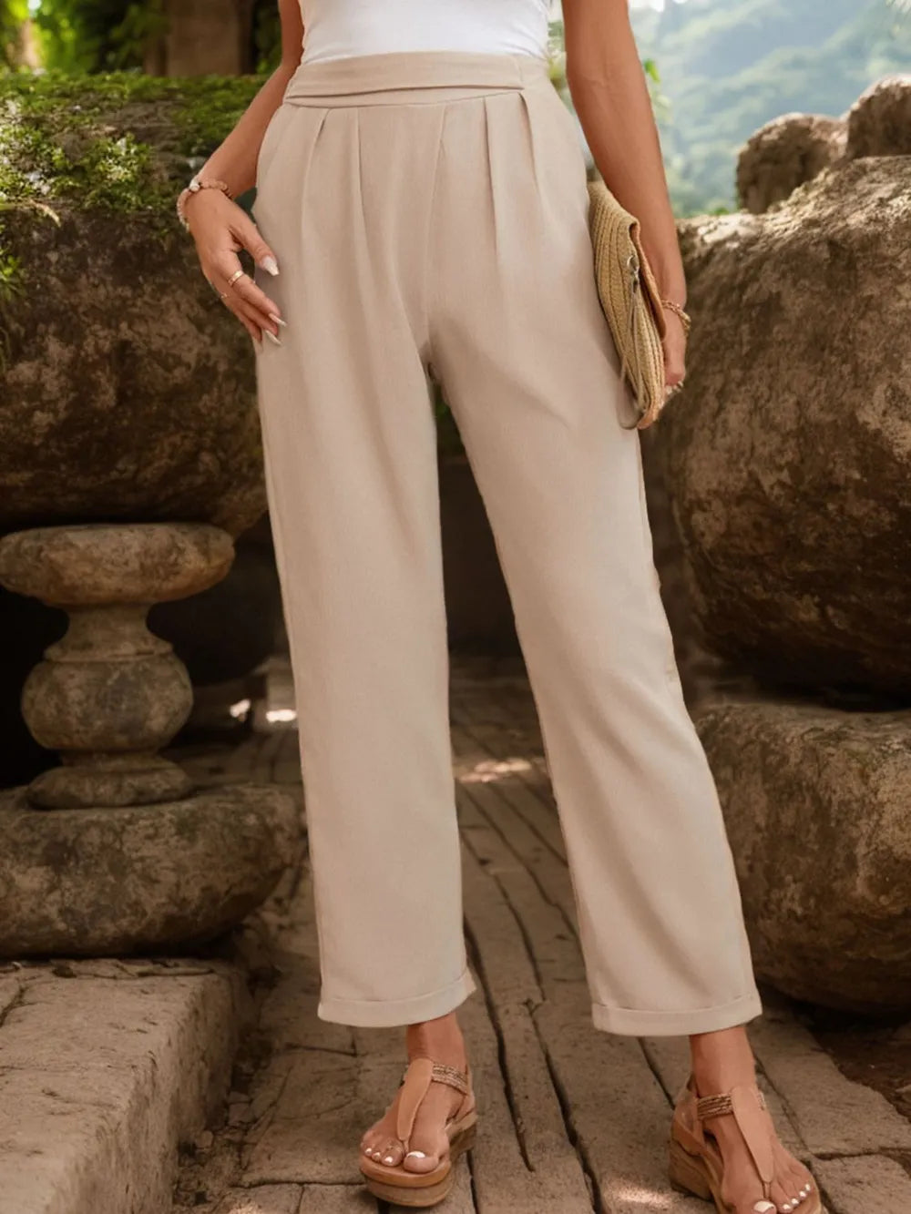 Ruched Half-Elastic Waist Pants in Dust Storm
