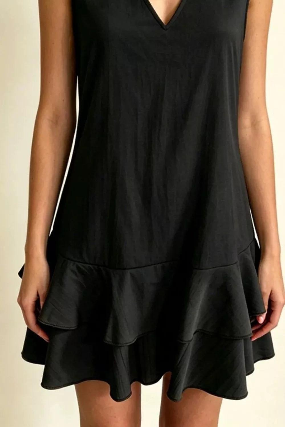 Sleeveless V-Neck Ruffle Hem Mini Dress in Beige