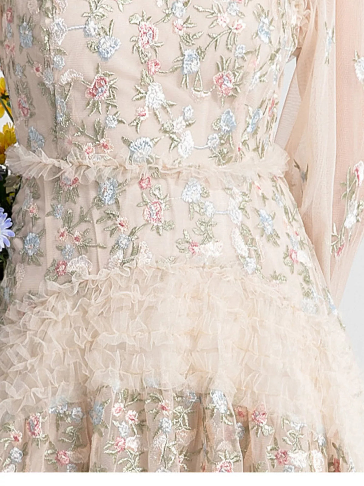 Floral Tulle Layered Maxi Dress in Apricot