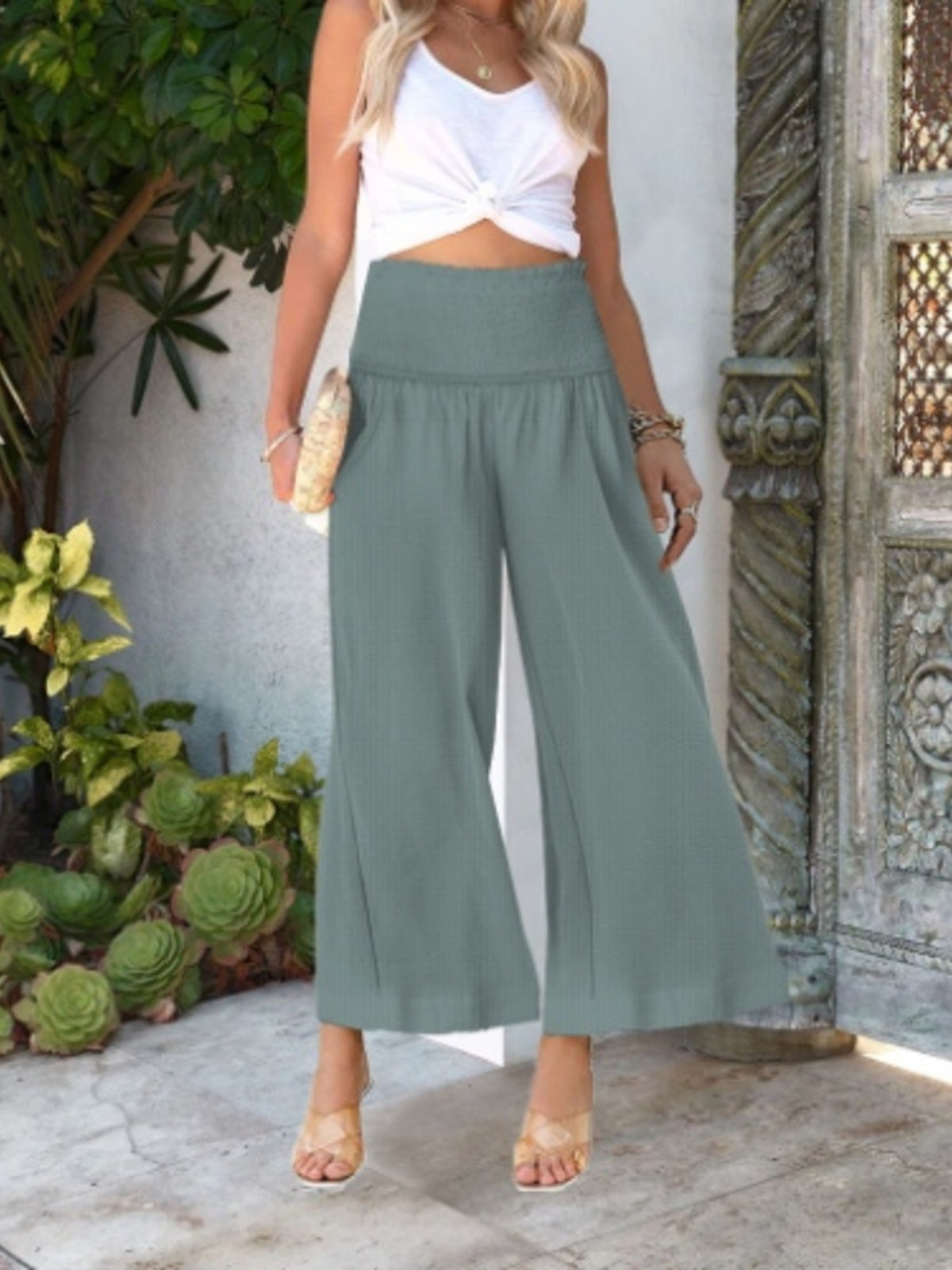 Smocked Waist Wide Leg Pants