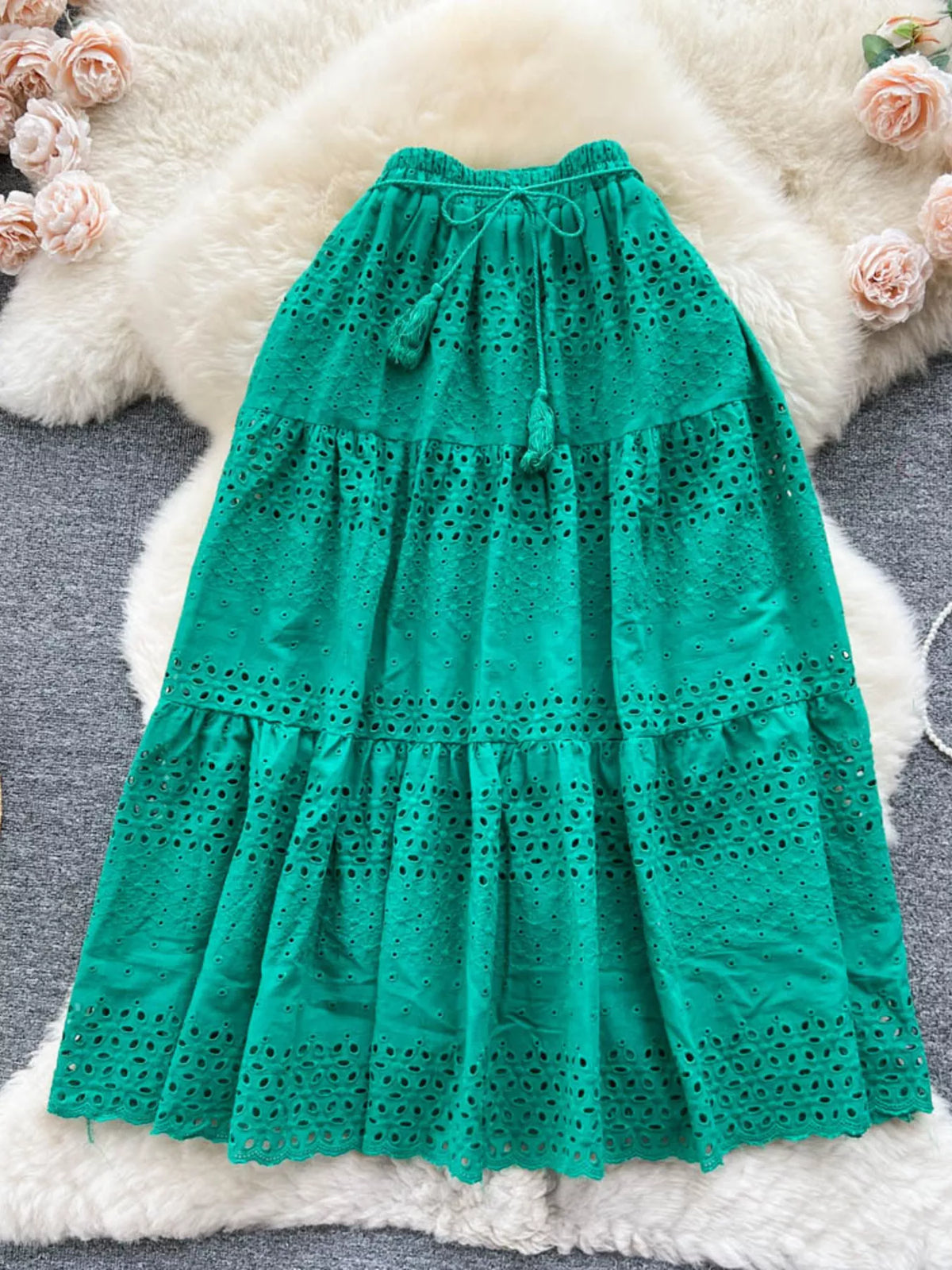 Eyelet Cutout Tiered Maxi Skirt