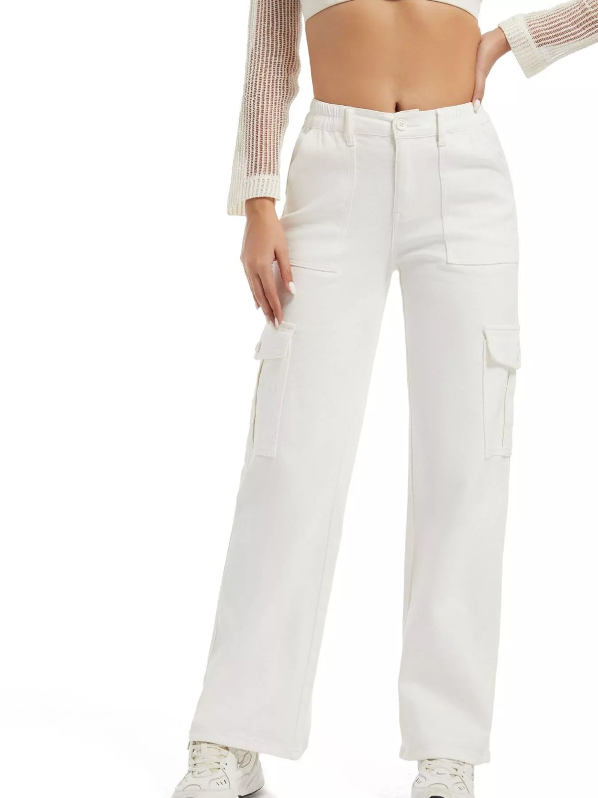 High-Waisted Cargo Jeans with Contrast Stitching
