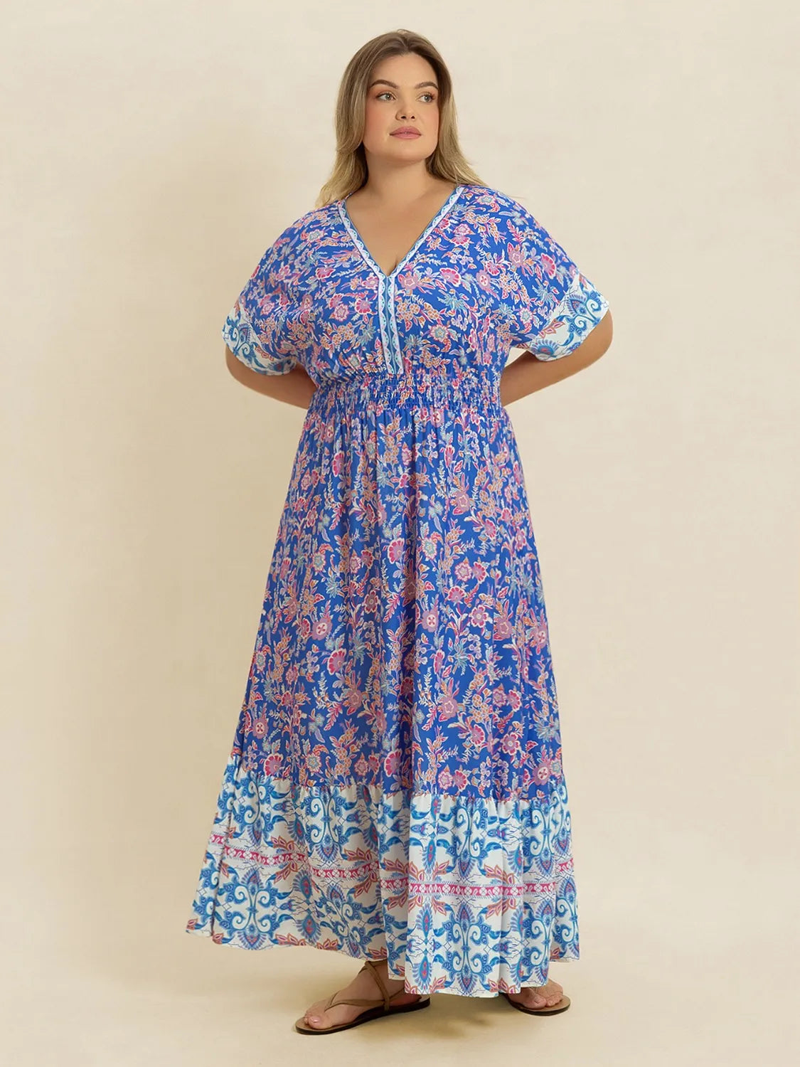 Smocked Printed Midi Dress in Blue Purple