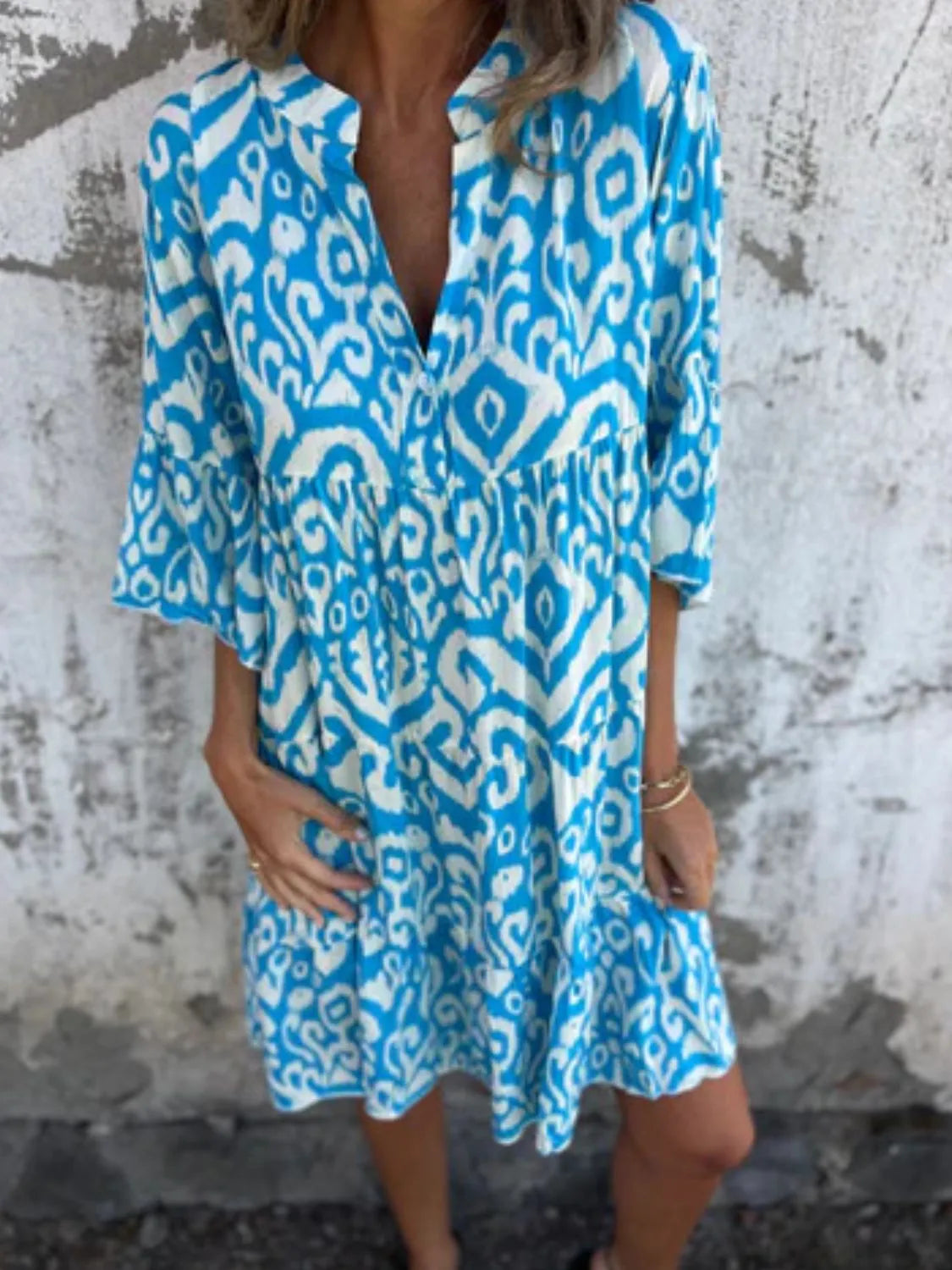 Notched Half Sleeve Printed Plus Size Dress