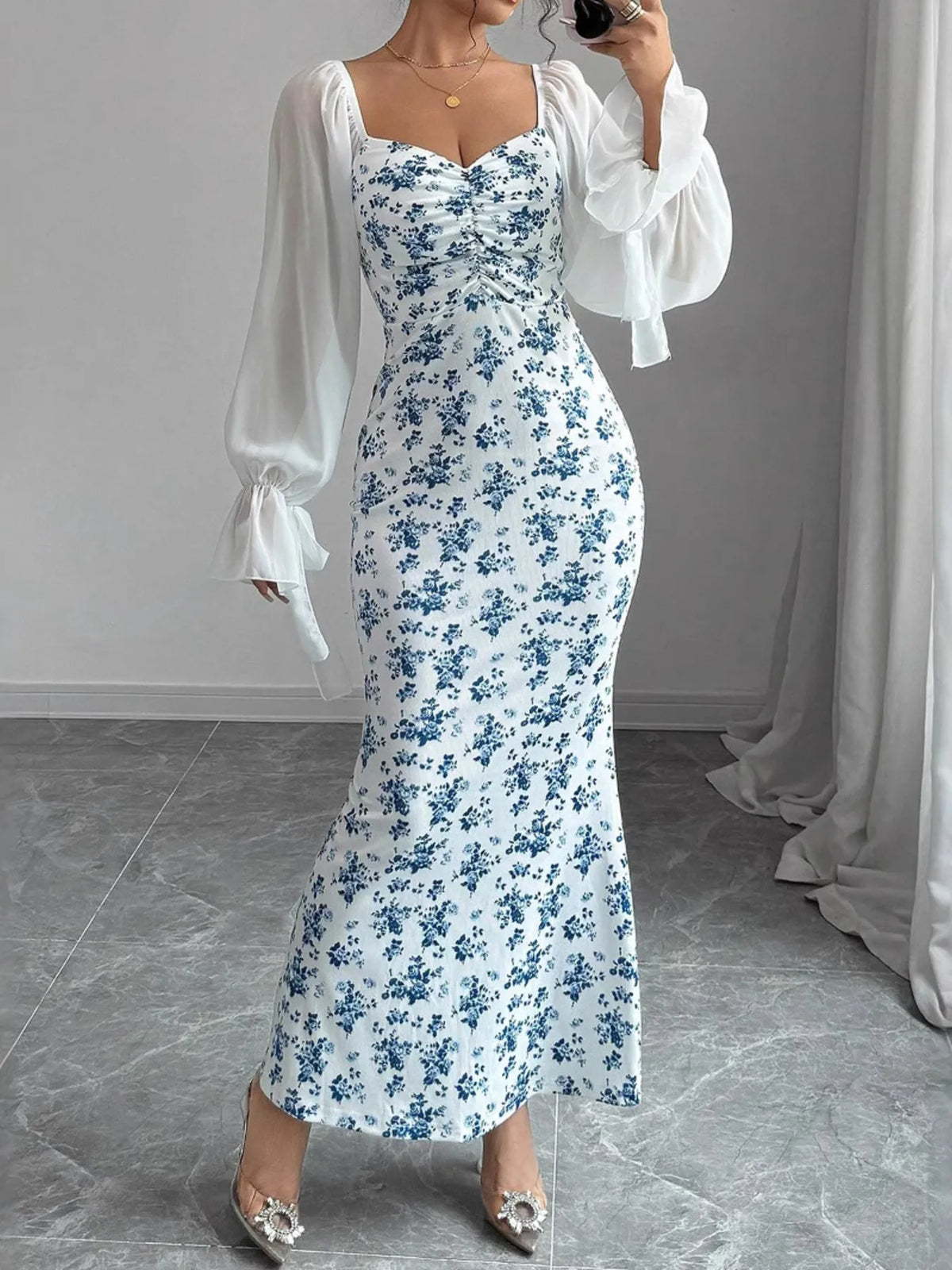 Floral Sweetheart Maxi Dress in Light Blue