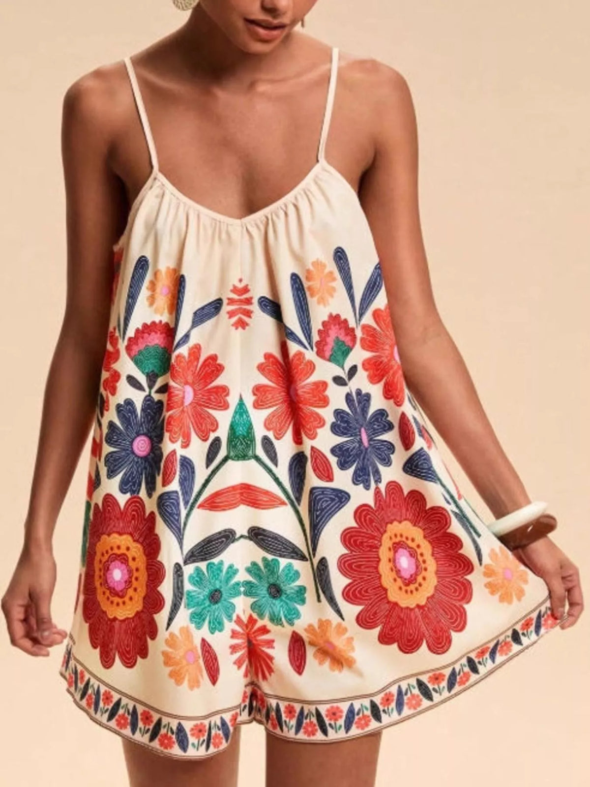 Floral Print Tied Romper in Red