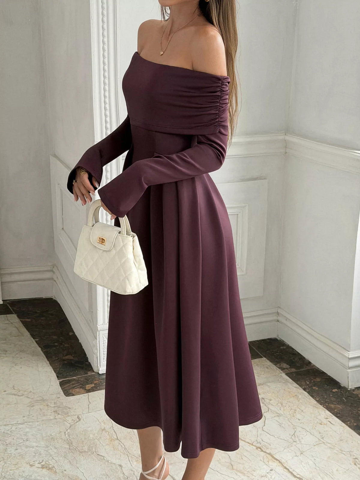 Off-Shoulder Long Sleeve Midi Dress in Coffee Brown