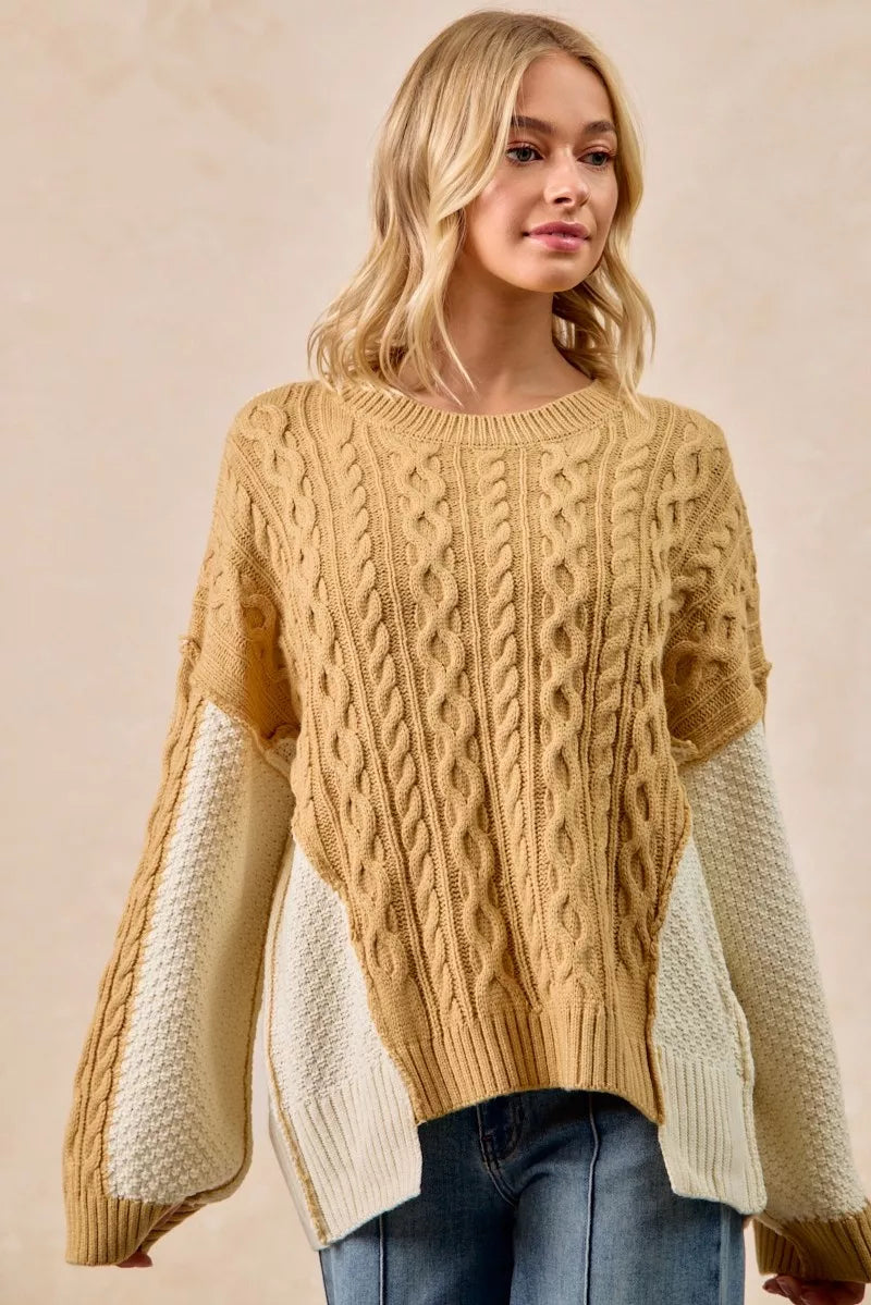 Mustard Ivory Cable Knit Hacci Combo Sweater in Lt mustard/ivory by BiBi