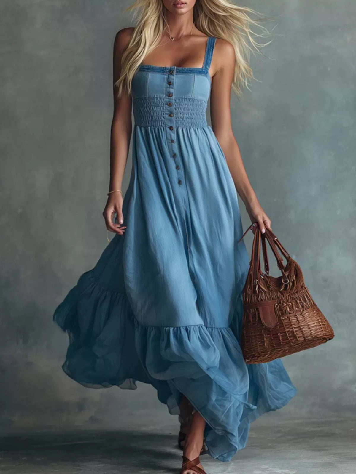 Smocked Button Front Denim Maxi Dress in Sky Blue
