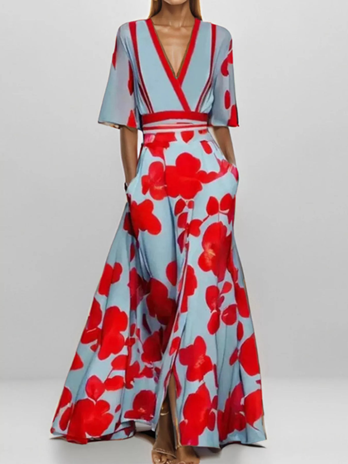 Floral Print Half-Sleeve Maxi Dress with Pockets