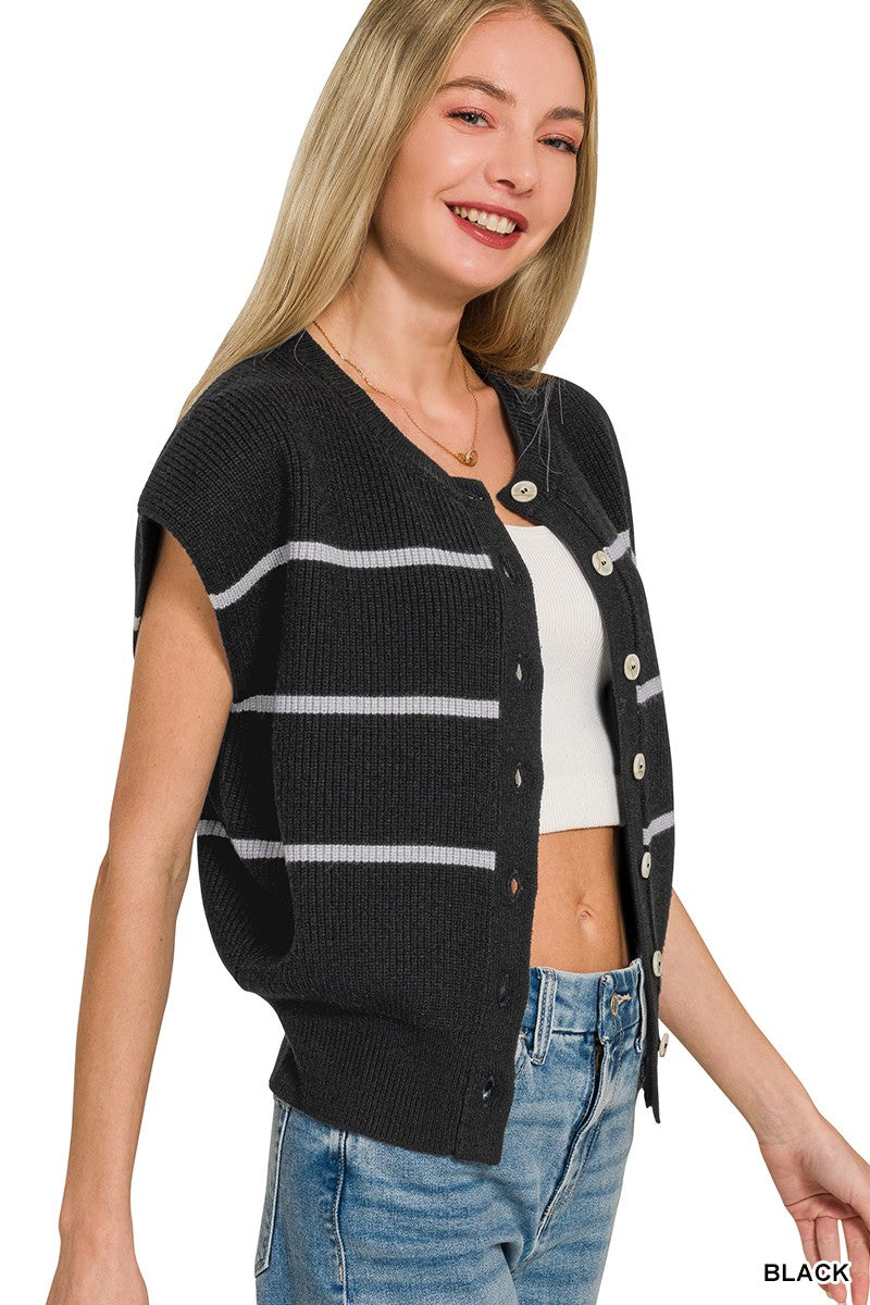Zenana Striped Button-Down Sweater Vest in Black